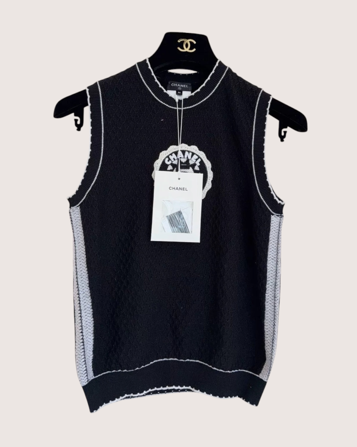 Chanel 23C ‘5’ Embroidered Sleeveless Top Black, White FR 36