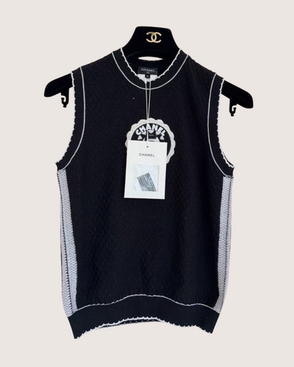 Chanel 23C ‘5’ Embroidered Sleeveless Top Black, White FR 36