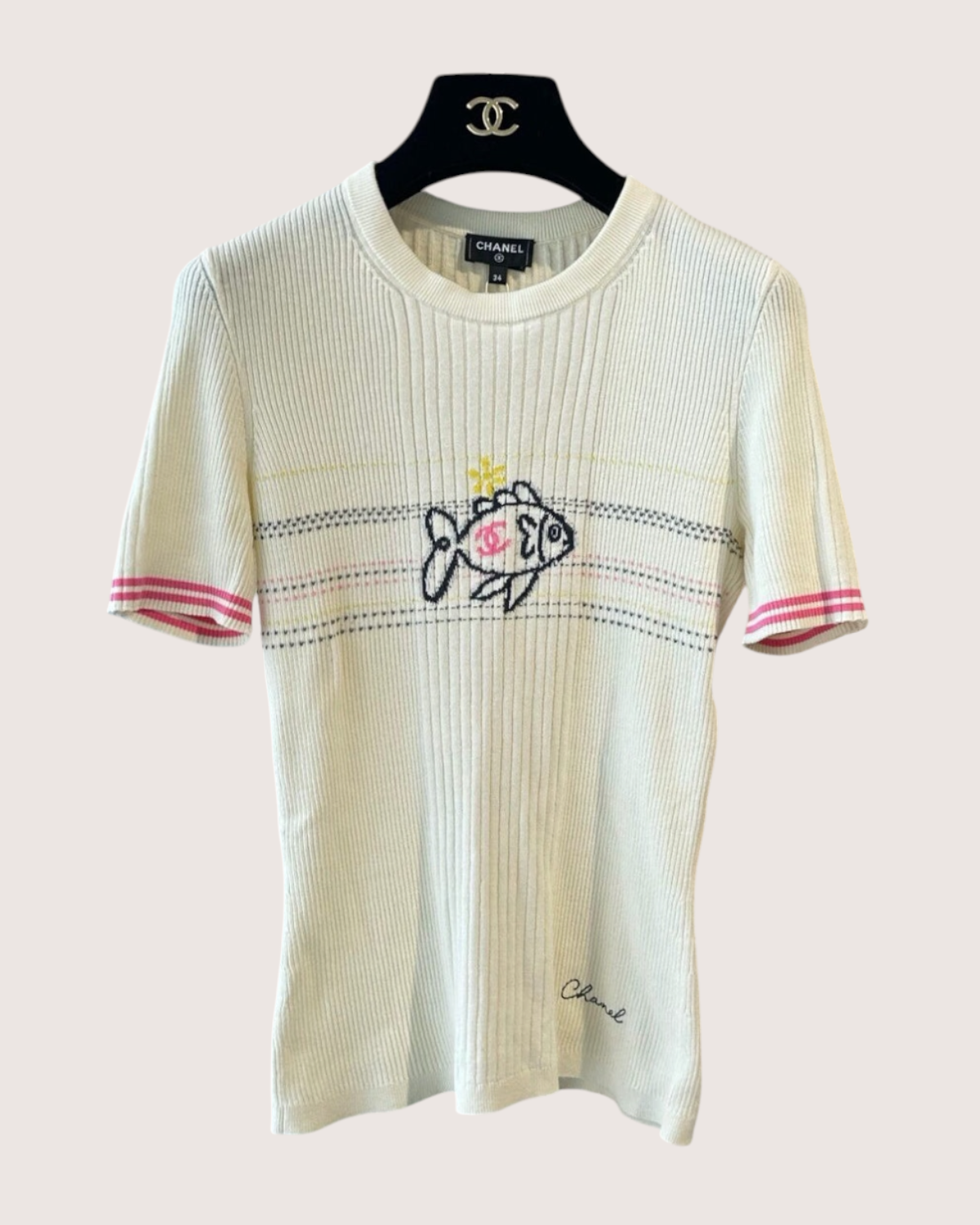 Chanel 25P Fish Short-Sleeve Sweater Beige/Ecru, Pink, Black FR 38