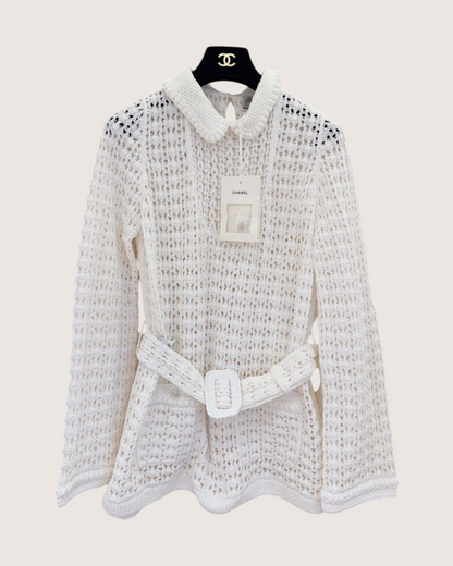 Chanel 26C Belted Openwork Sweater White FR 40