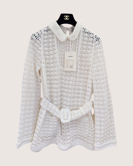 Chanel 26C Belted Openwork Sweater White FR 40