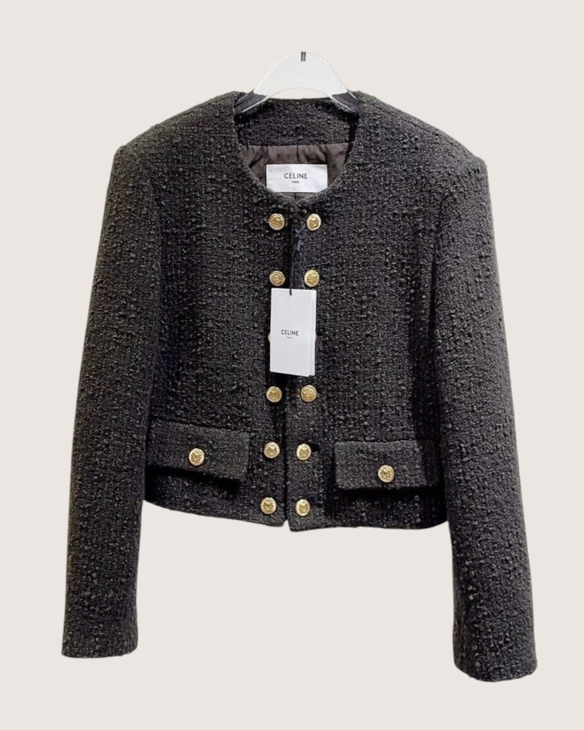 Celine Collarless Cropped Tweed Jacket Black FR 34