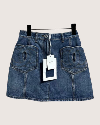Chanel 24P Heart Pockets Denim Mini Skirt Blue FR 36