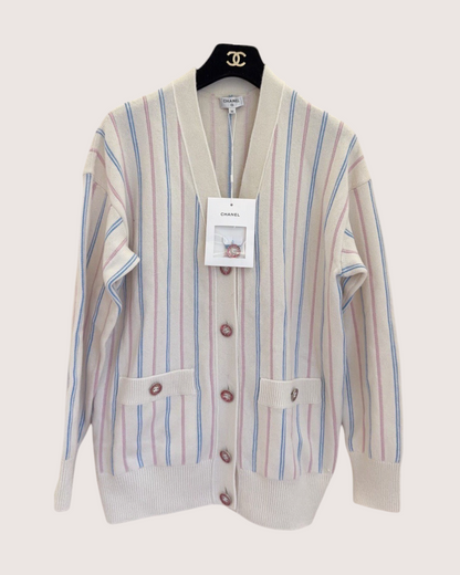 Chanel 23P Cashmere Striped Cardigan Beige/Ecru, Blue, Pink FR 36