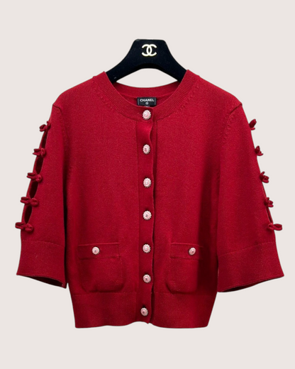 Chanel 25K Cashmere Bow Cardigan Red FR 36