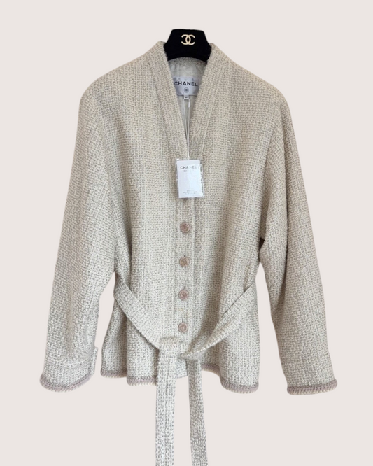 Chanel 24K Belted Tweed Jacket Beige/Ecru, Pink FR 40