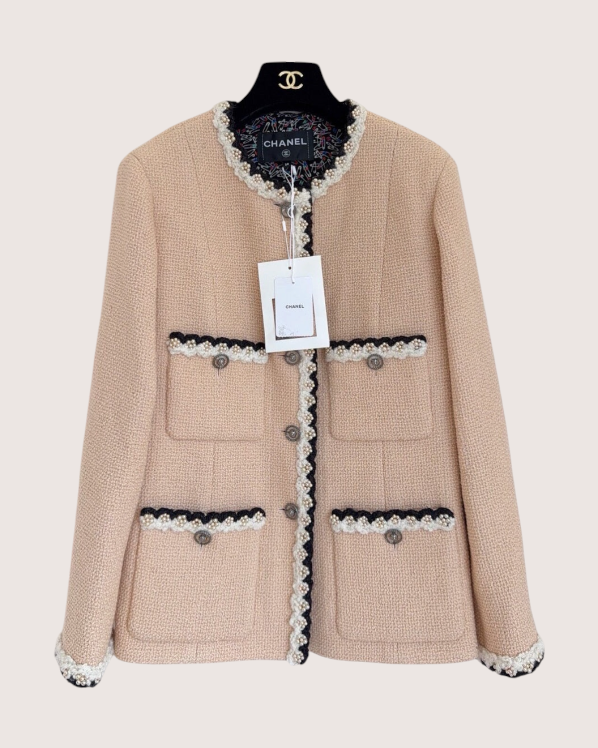 Chanel 24A Pearl-Trim Tweed Four-Pocket Jacket Beige/Ecru, Black, White FR 34