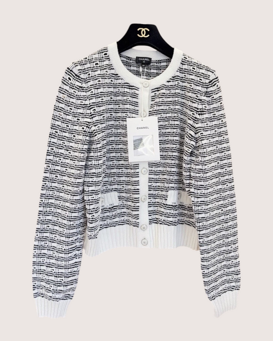 Chanel 25P Striped Cardigan White, Black FR 38