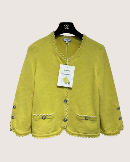 Chanel 25C Cashmere Scalloped Cardigan Yellow, Beige/Ecru FR 36