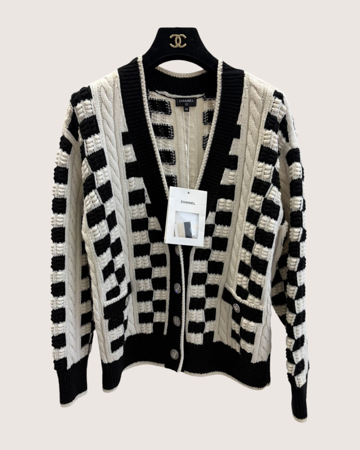 Chanel 23C Cashmere Checkerboard Cardigan Beige/Ecru, Black FR 38
