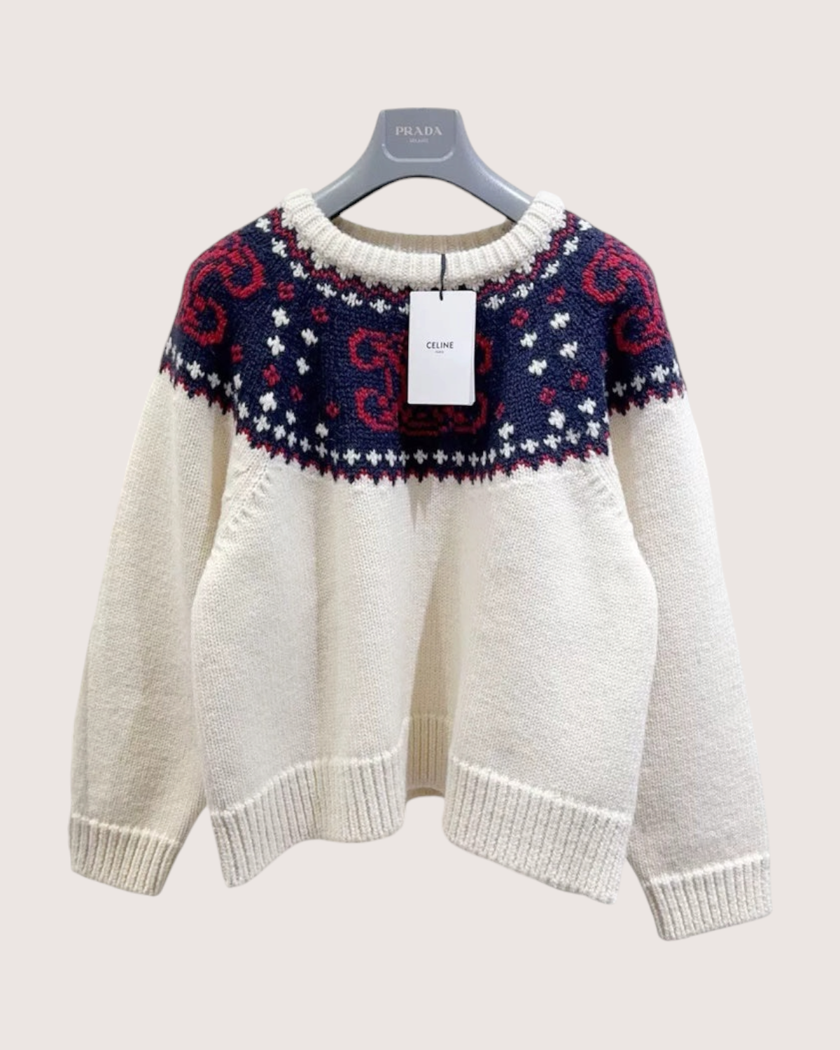 Celine Wool Triomphe Jacquard Sweater Beige/Ecru, Navy, Red FR 38