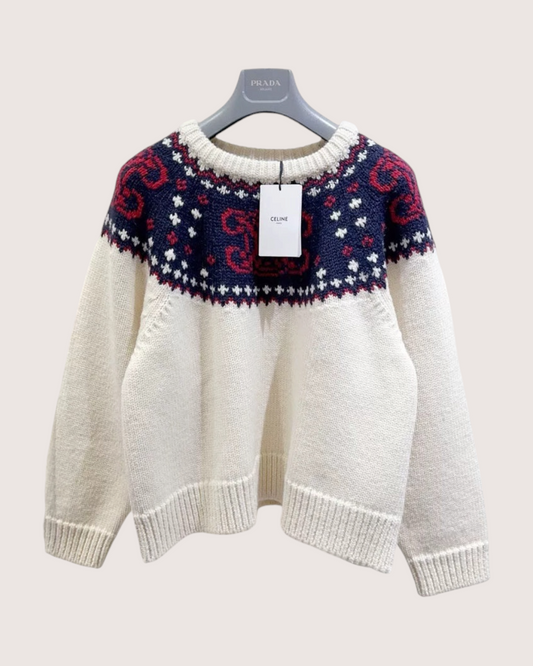 Celine Wool Triomphe Jacquard Sweater Beige/Ecru, Navy, Red FR 38