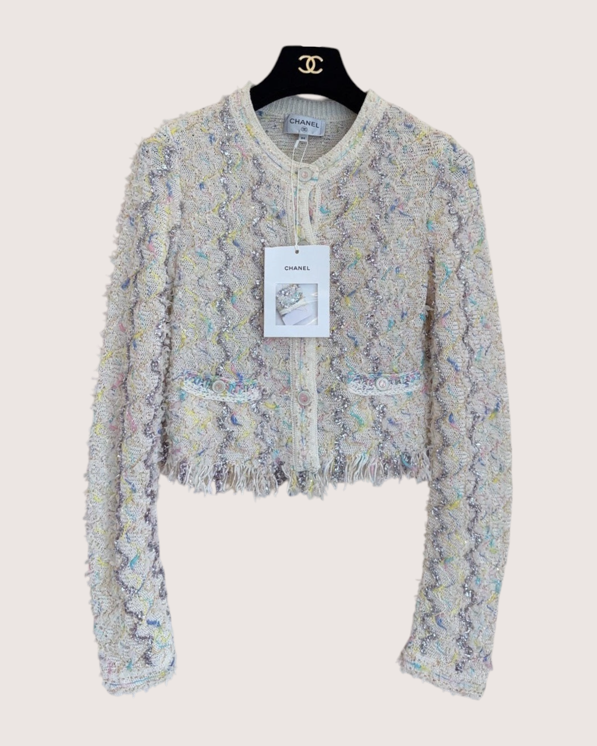Chanel 22P Sequin Fringe Cropped Cardigan Beige/Ecru, Silver, Multicolor FR 34