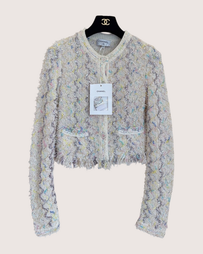 Chanel 22P Sequin Fringe Cropped Cardigan Beige/Ecru, Silver, Multicolor FR 34