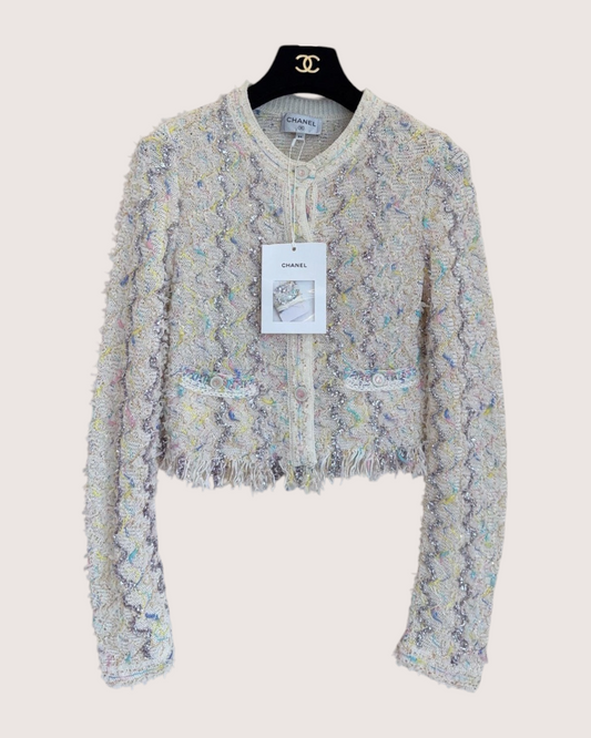 Chanel 22P Sequin Fringe Cropped Cardigan Beige/Ecru, Silver, Multicolor FR 34