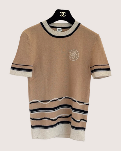 Chanel Striped Cashmere Short-Sleeve Sweater Brown, Black, Beige/Ecru FR 34