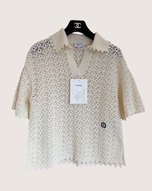 Chanel 26M Coco Beach Openwork Polo Top Beige/Ecru FR 36