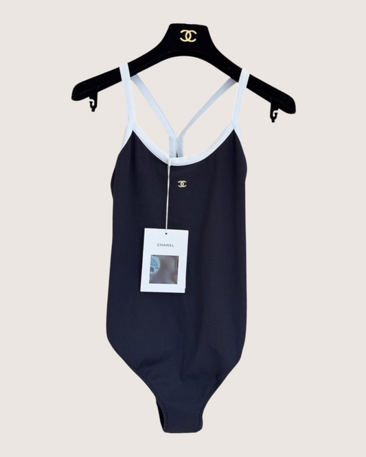 Chanel 22S Ribbed CC One-Piece Swimsuit Black, White FR 42