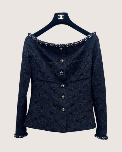 Chanel 21A Floral Off-Shoulder Chain-Trim Jacket Black FR 34