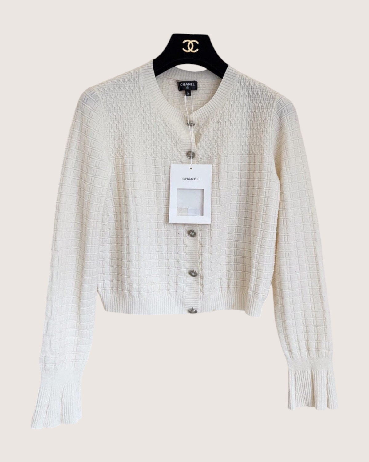 Chanel 23B Cashmere Flared-Cuff Cardigan Beige/Ecru FR 34
