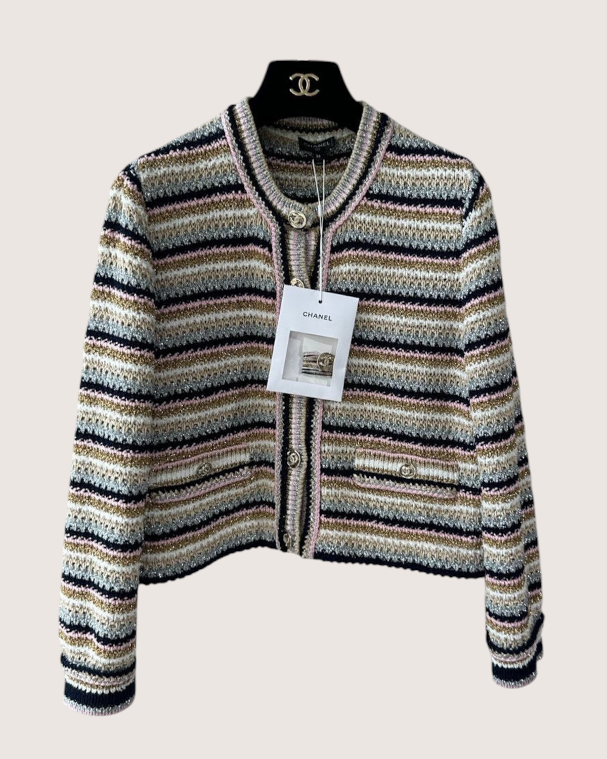 Chanel 24P Metallic Striped Cardigan Beige/Ecru, Navy, Pink, Multicolor FR 38