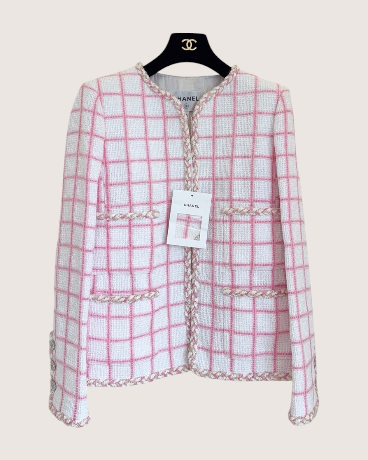 Chanel 23C Windowpane Tweed Four-Pocket Jacket White, Pink FR 36