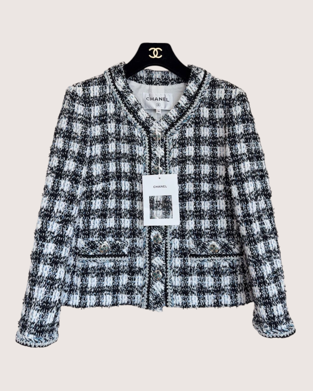 Chanel 23P Checked Tweed Jacket Black, White FR 36
