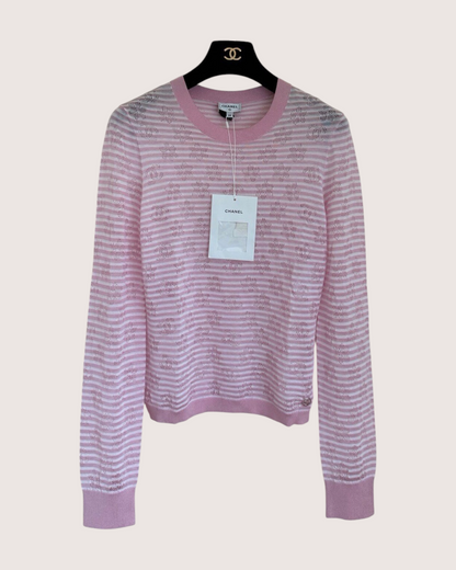 Chanel Striped Openwork Sweater Pink, White FR 38