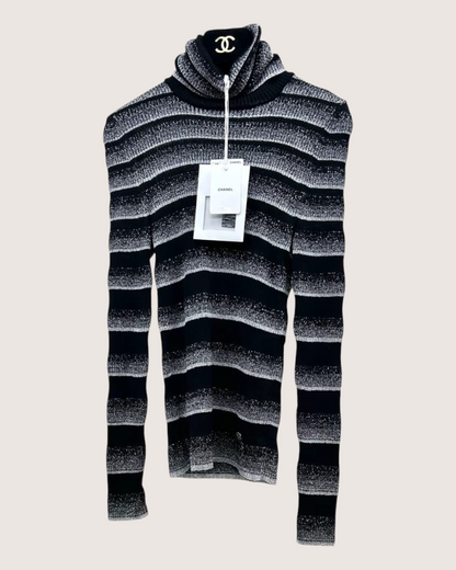 Chanel 23K Striped Turtleneck Sweater Black, Grey FR 36