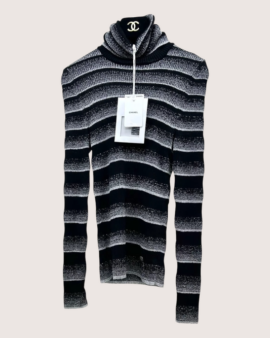 Chanel 23K Striped Turtleneck Sweater - Black, Grey