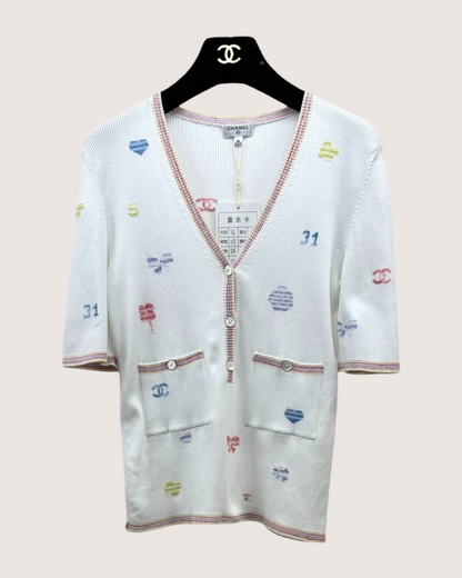 Chanel 21C Short-Sleeve Confetti Heart Cardigan White, Multicolor FR 36