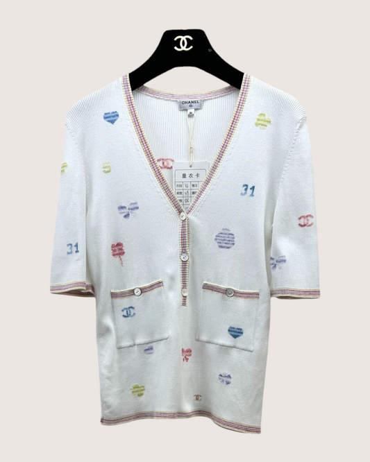 Chanel 21C Short-Sleeve Confetti Heart Cardigan White, Multicolor FR 36