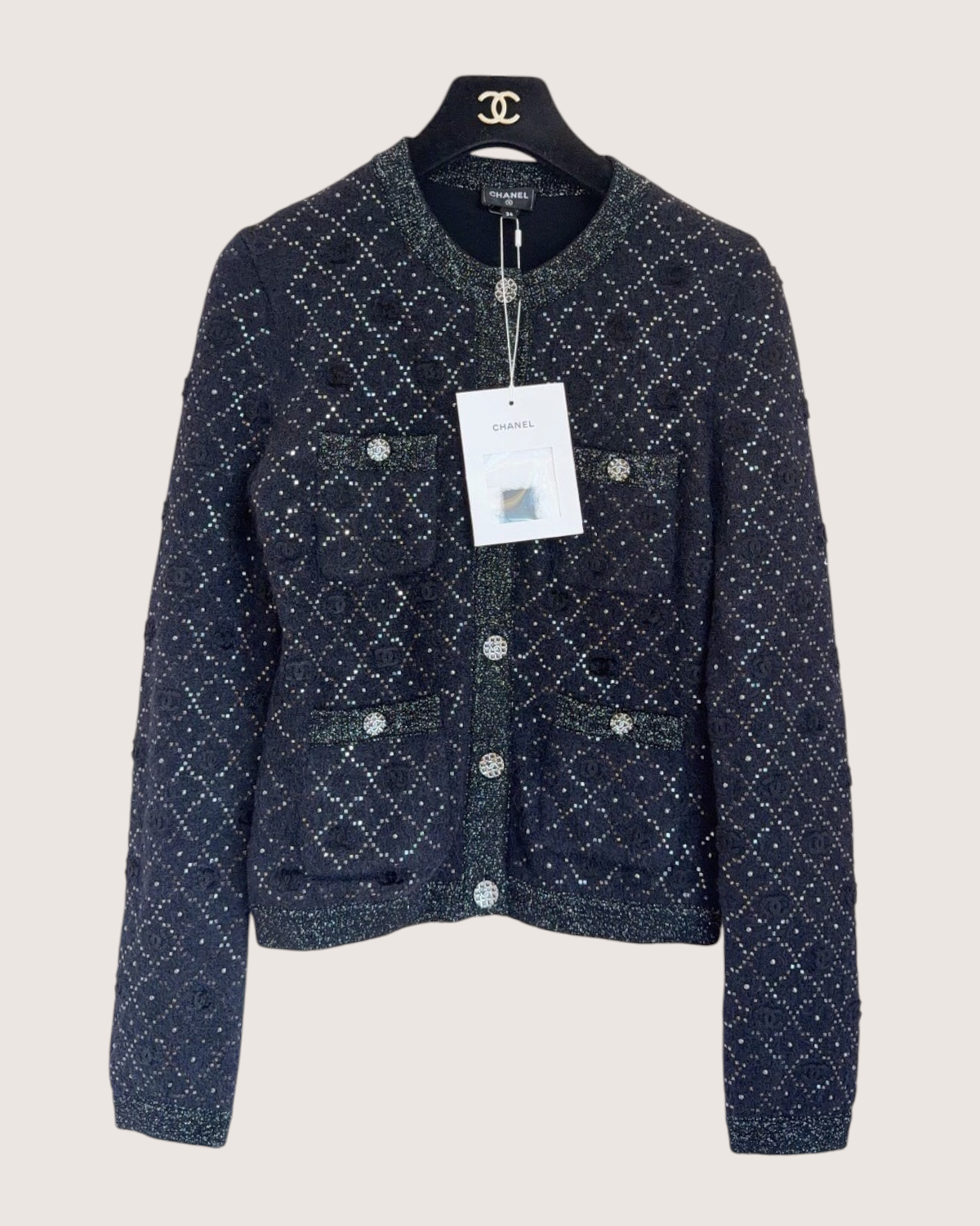 Chanel 22A Wool Sequin CC Four-Pocket Cardigan Black, Silver FR 34