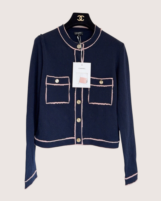 Chanel Pink-Trim Crewneck Cardigan Navy, Pink FR 34