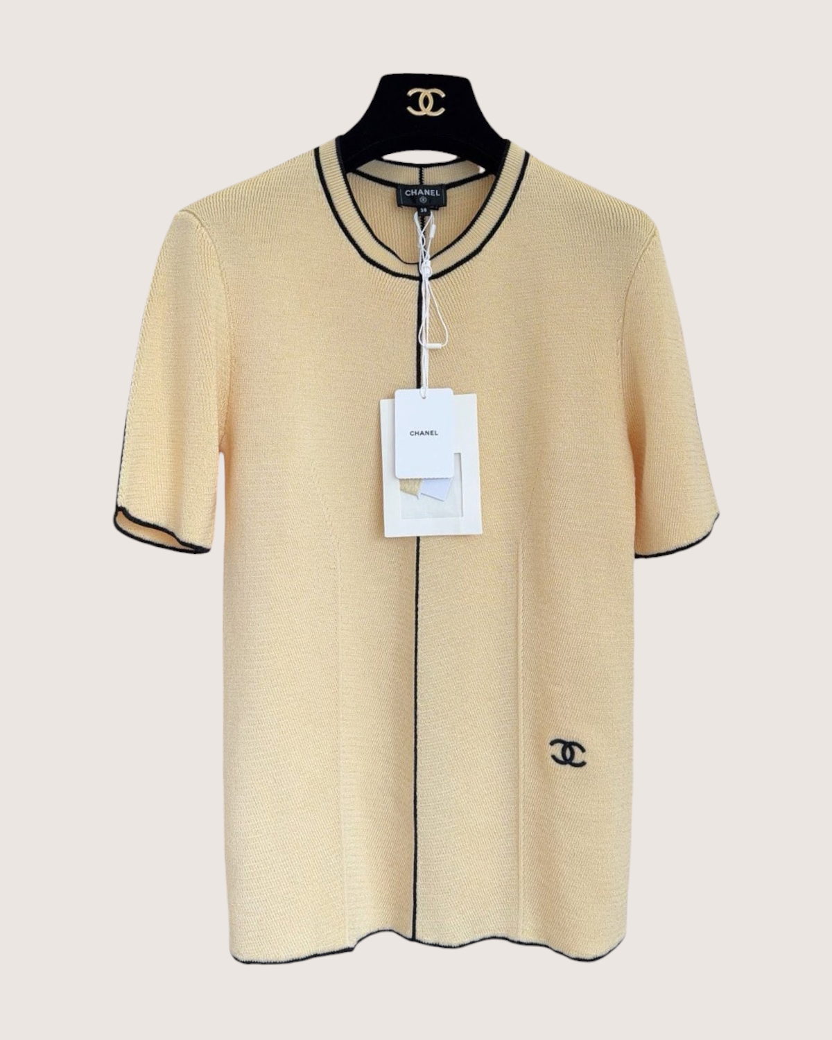 Chanel 26A Wool Short-Sleeve CC Sweater Beige/Ecru, Black FR 38