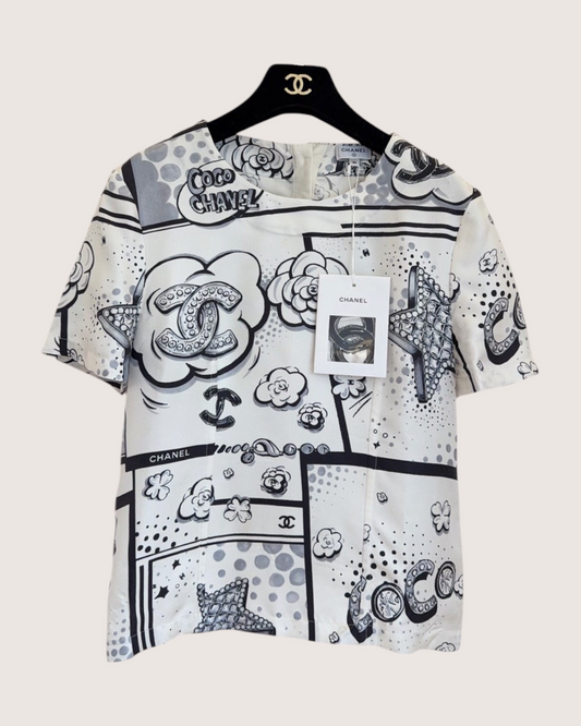 Chanel 25B Comic-Print Short-Sleeve Top White, Black, Grey FR 36