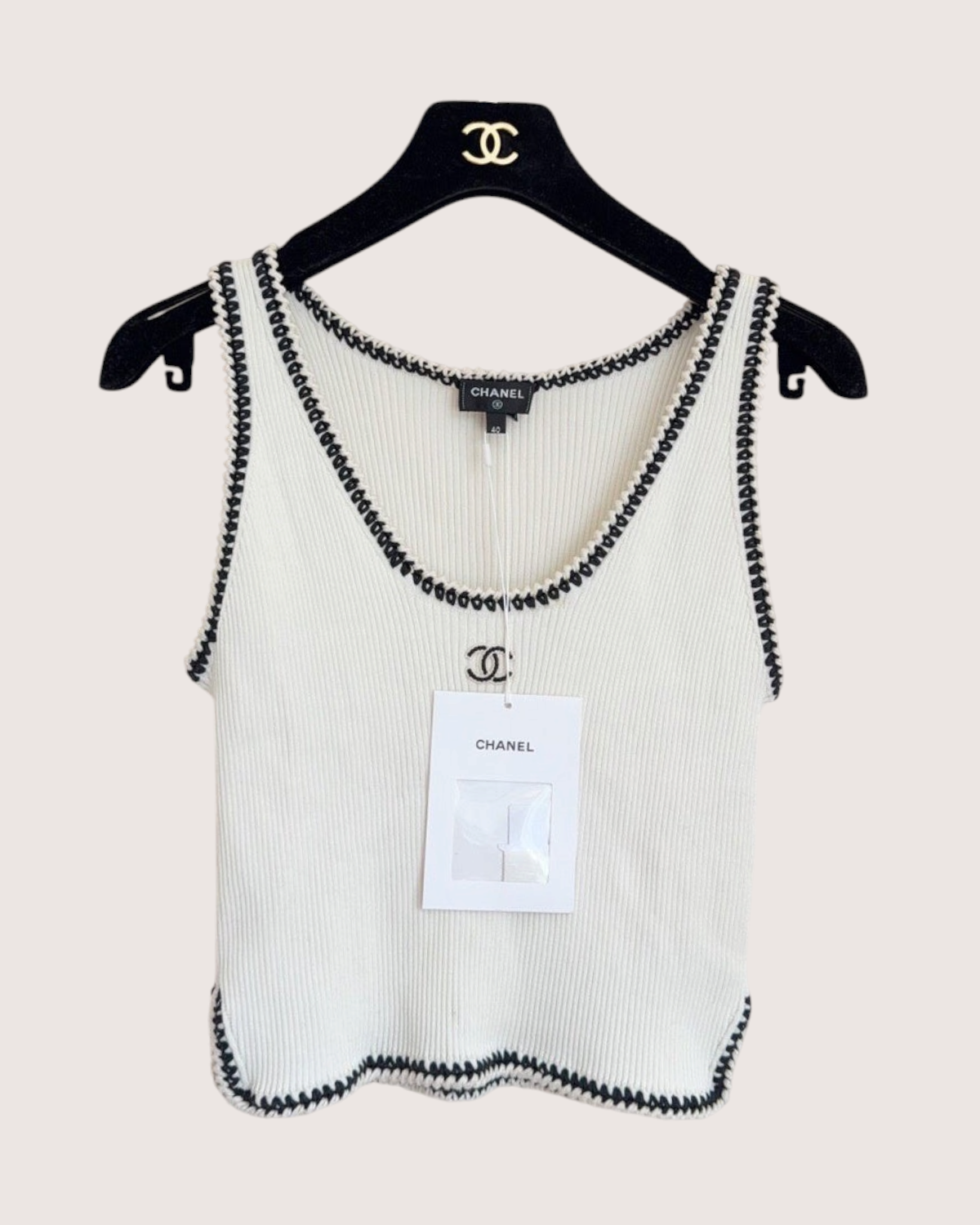 Chanel 22C Contrast-Trim Ribbed CC Tank Top White, Black FR 40