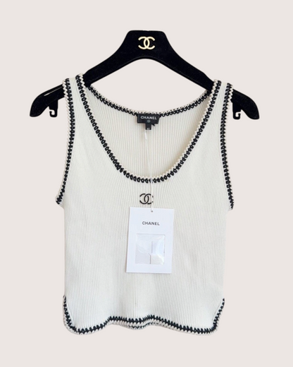 Chanel 22C Contrast-Trim Ribbed CC Tank Top White, Black FR 40