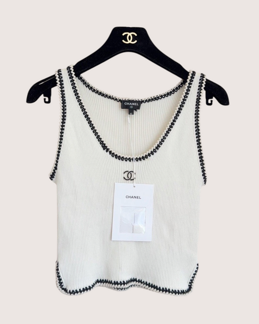 Chanel 22C Contrast-Trim Ribbed CC Tank Top White, Black FR 40