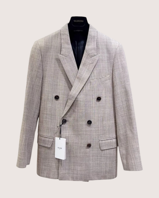 Celine Wool Prince of Wales Plaid Jacket Beige/Ecru, Brown FR 38