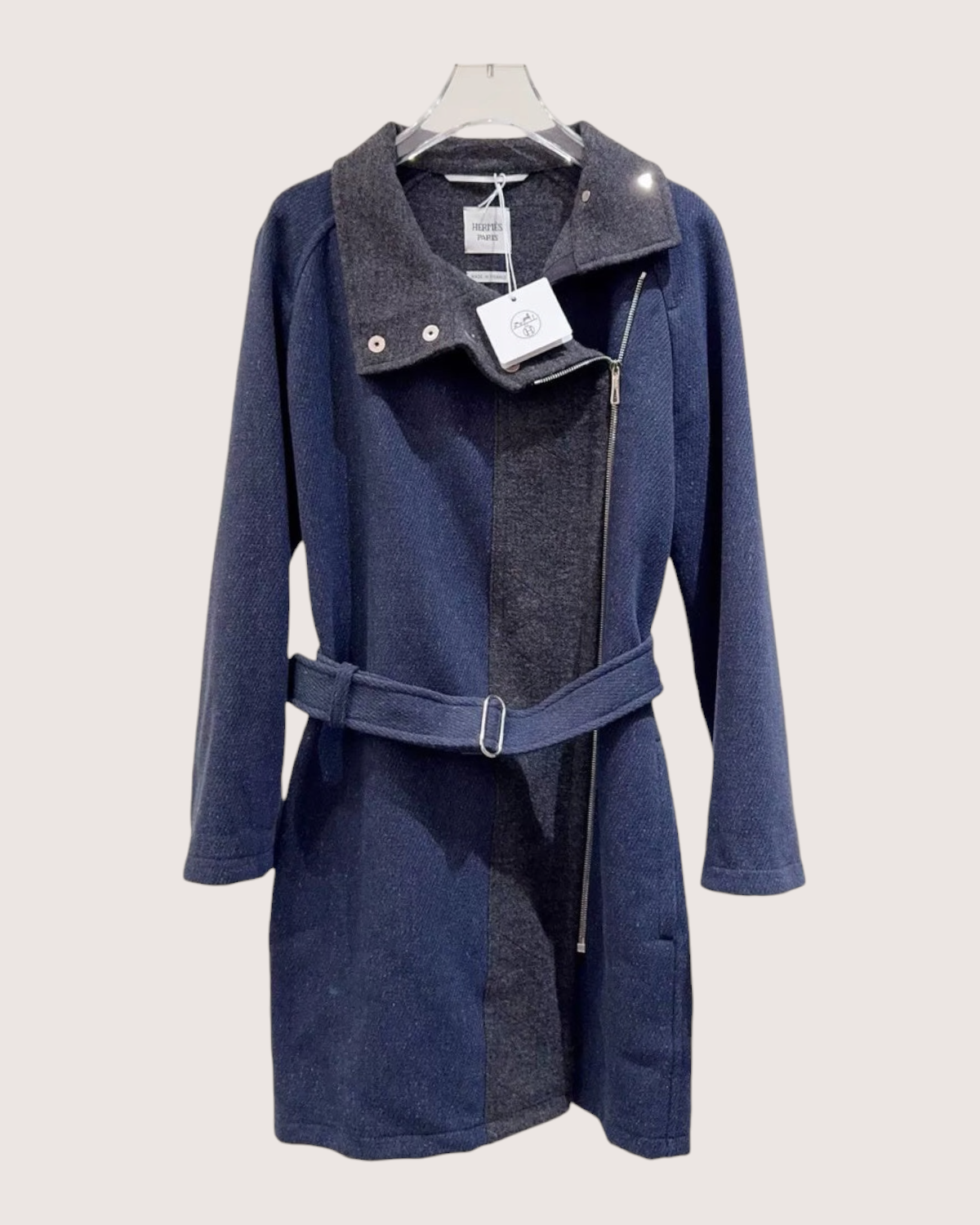 Hermès Wool Two-Tone Belted Coat Navy, Grey FR 34
