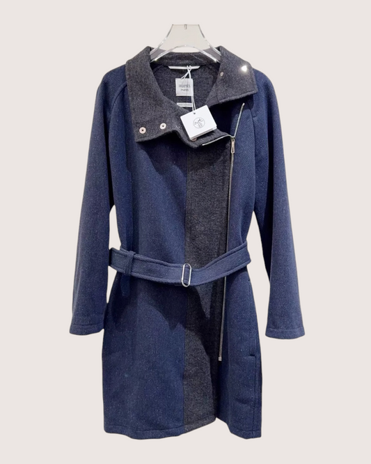 Hermès Wool Two-Tone Belted Coat Navy, Grey FR 34