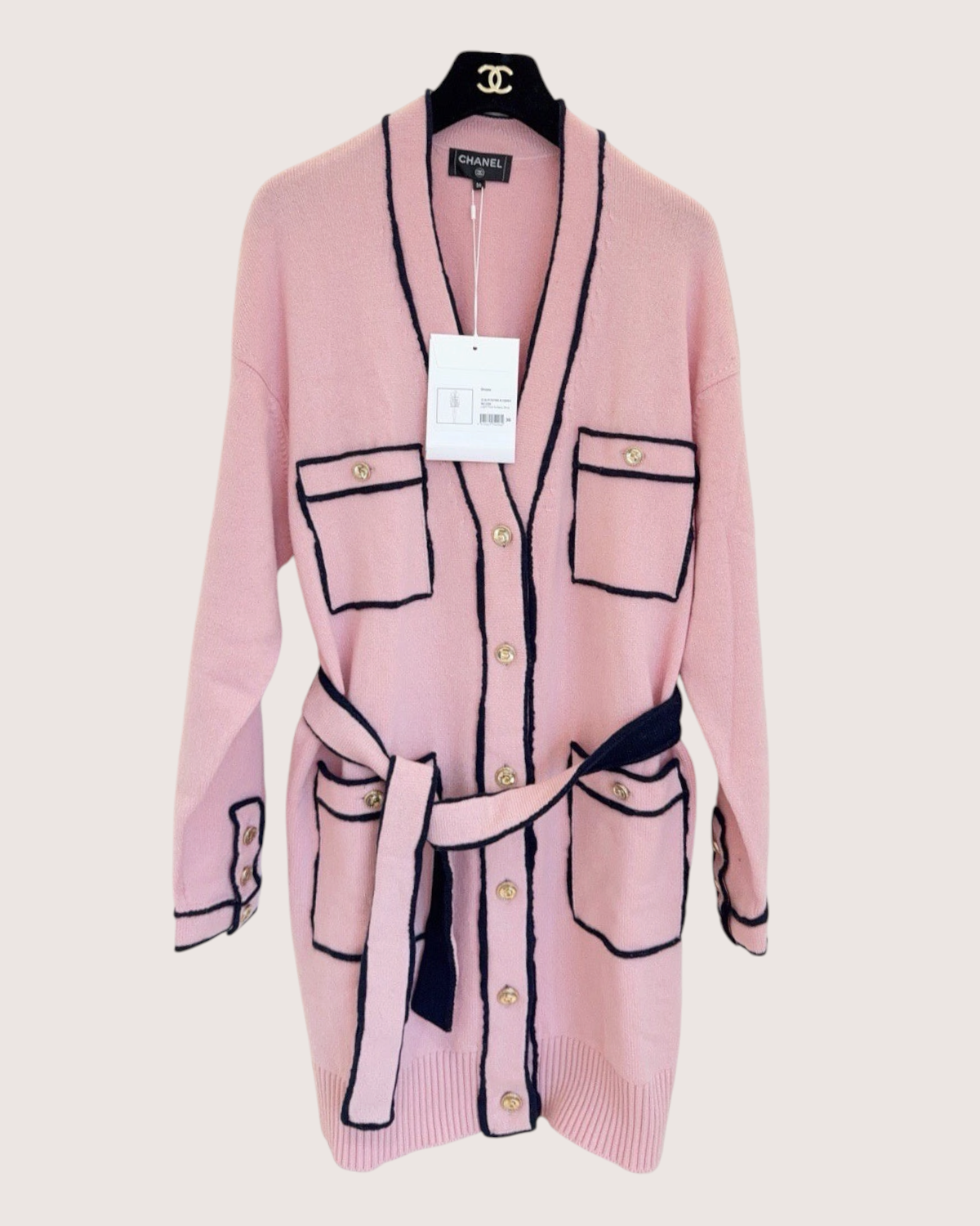 Chanel 21S Cashmere Contrast-Trim Belted Long Cardigan Pink, Navy FR 36
