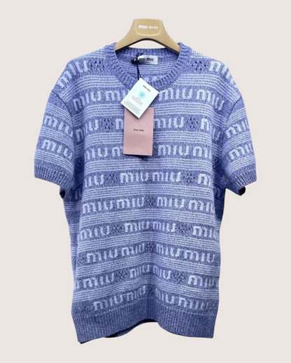 Miu Miu Wool Short-Sleeve Sweater Purple, White IT 40