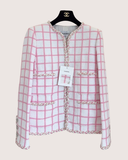 Chanel 23C Windowpane Tweed Four-Pocket Jacket White, Pink FR 36