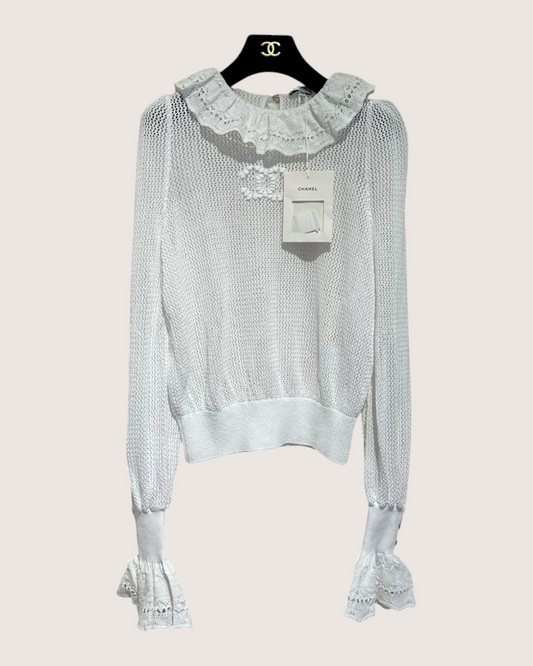 Chanel 25P Openwork Ruffle Top White FR 40