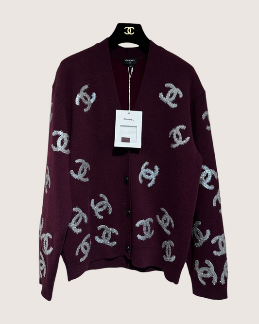 Chanel 22A Cashmere CC Cardigan Burgundy, Silver FR 38