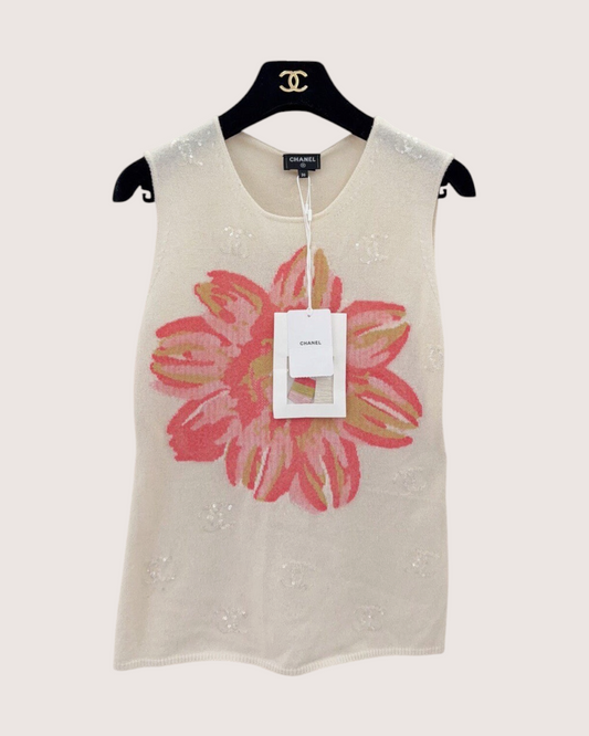 Chanel 24S Cashmere Floral Vest Beige/Ecru, Pink FR 36