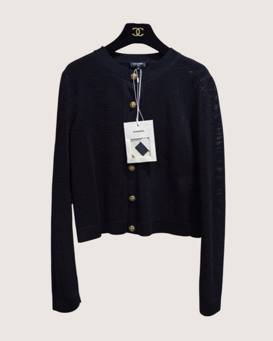 Chanel 26S Cropped Openwork Cardigan Black FR 36