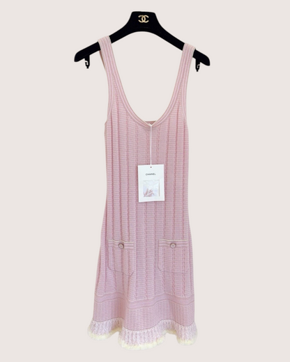Chanel 25B Cashmere Fringe-Hem Sleeveless Mini Dress Pink, Beige/Ecru FR 34